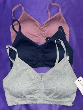 Lucky Brand Ribbed Bralette Trio in Rose, Blue and Light Gray